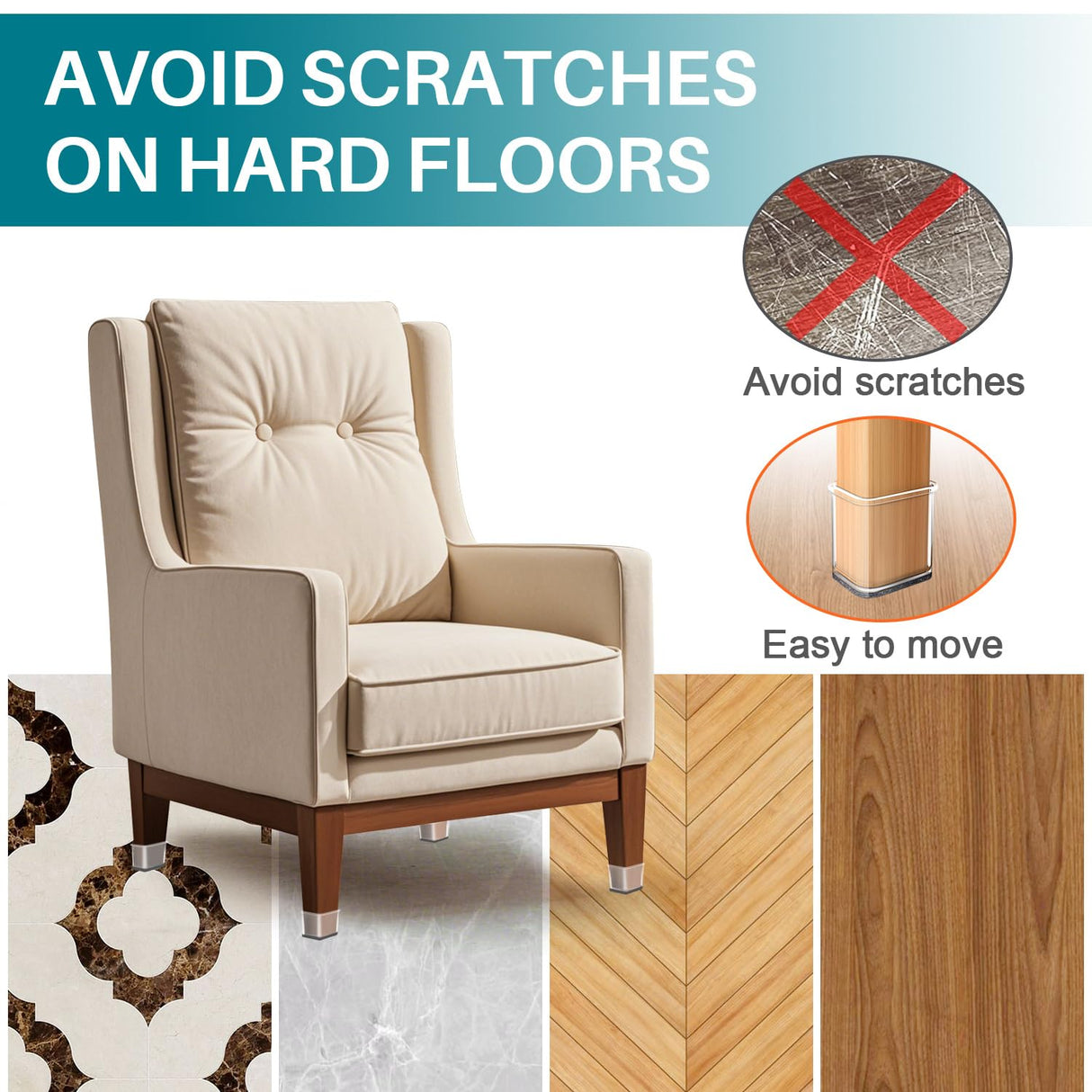 Ansible 24 Pcs Chair Leg Floor Protectors Square, Silicone Felt Furniture Leg Pads Caps Covers for Hardwood Floors (Fit:1-1/16" to 1-5/8")