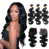Body Wave Bundles with Closure Human Hair 16 18 20+14 Inch Human Hair Bundles with Closure 100% Brazilian Virgin Body Wave 3 Bundles Human Hair with 4x4 Lace Closure Natural Black