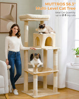 MUTTROS Cat Tree for Large Cats Adult with Metal Plush Big Hammock, 56.3" Cat Tower with 2 Door Condo House, 6-Tier Cat Shelves with Scratching Posts and Large Top Perch, Beige