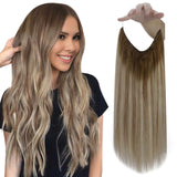 Fshine Invisible Wire Hair Extensions Real Human Hair Secret Extensions Wire Layered Hairpiece Dark Brown to Ash Brown and Blonde One Piece Hair Extensions Clip in Human Hair Wire 16 Inch 80 Gram