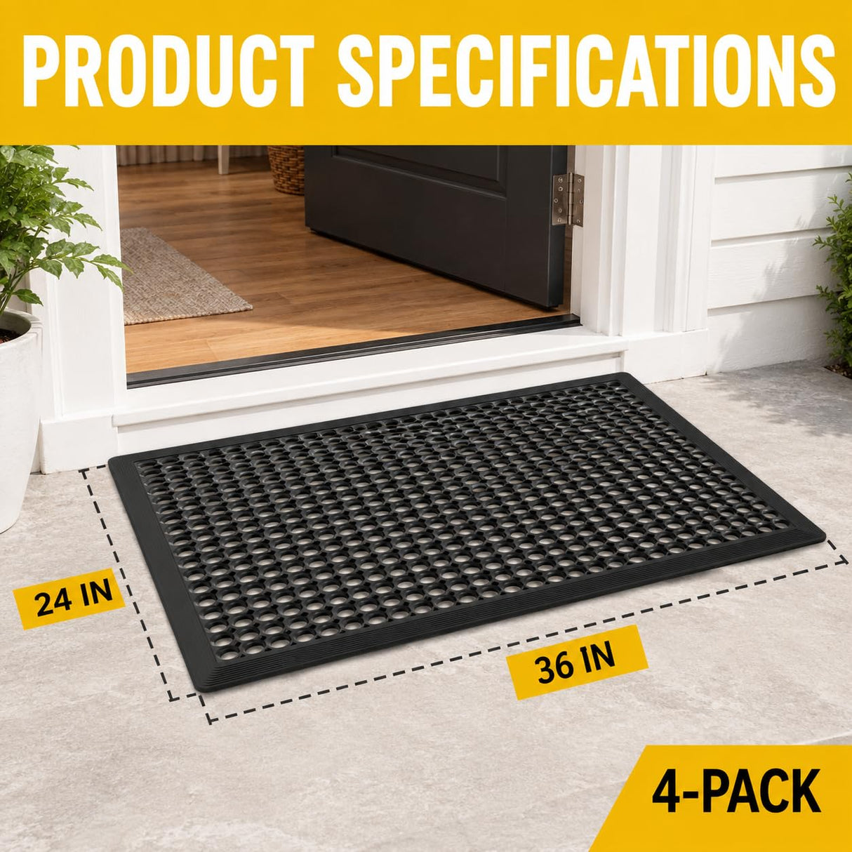 BESEA 4Pack Rubber Floor Mats 24 x 36 Inch – Heavy Duty Outdoor Door Mats with Non-Slip Mesh Design, Weatherproof Garage Floor Mat, Kitchen Floor Mat for Wet or Slippery Areas