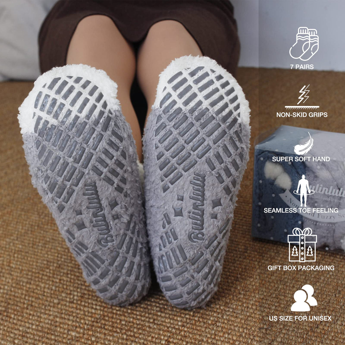 Bulinlulu Fuzzy Socks With Grips Mothers Gifts for Women,7 Pairs Non Slip Hospital Sleep Warm Fluffy Non-Skid Thick Slipper Socks with Grippers (Blue/Dark Grey/Brown/Purple/Pink/Green/White)