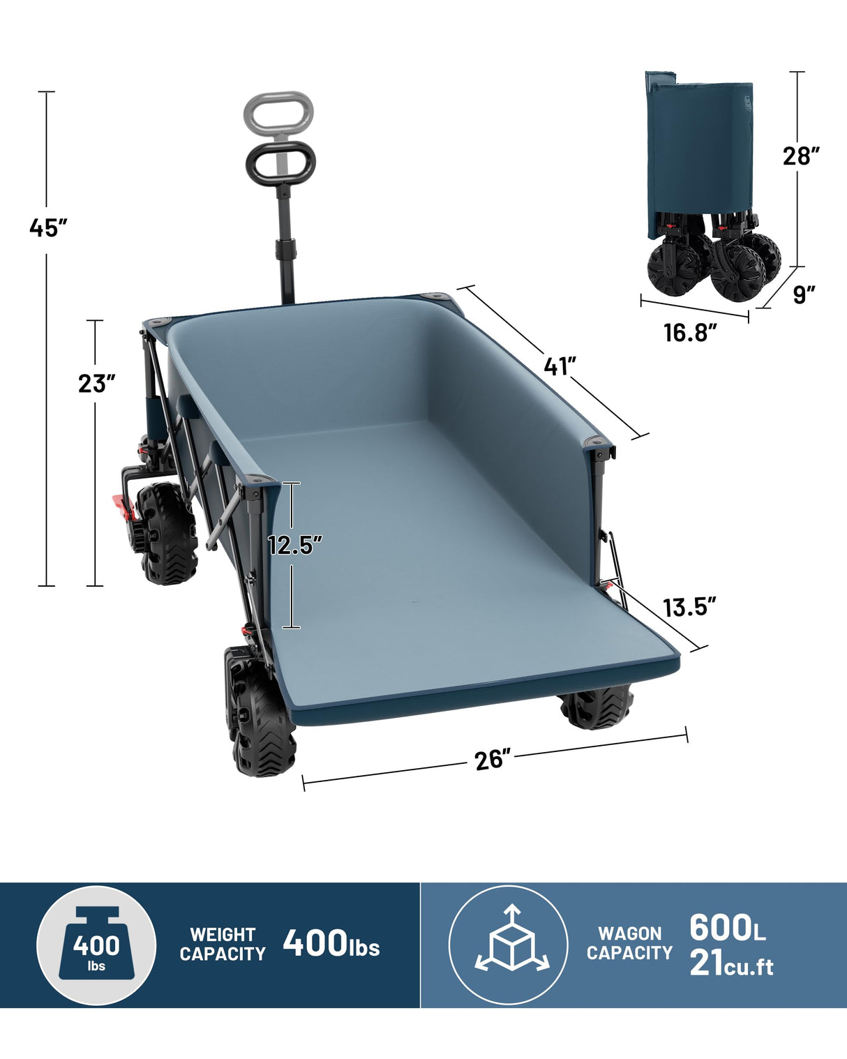 TIMBER RIDGE 600L Beast Wagon 26" W Extra Wide All Terrain Folding w/Big Wheels, Cargo Net & Tailgate, 26" W and 54.5" L, 400lbs Heavy Duty Collapsible Portable Cart for Camping, Sports, Dogs, Blue