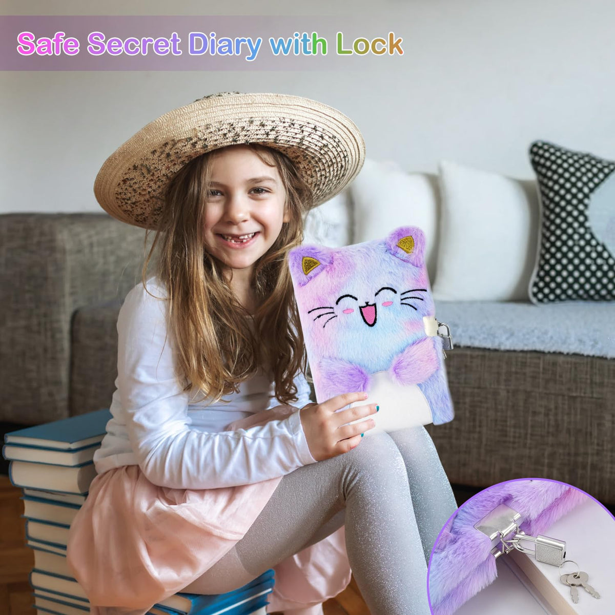 PJDRLLC Cat Diary with Lock, Gift for 6 7 8 Year Old Girl