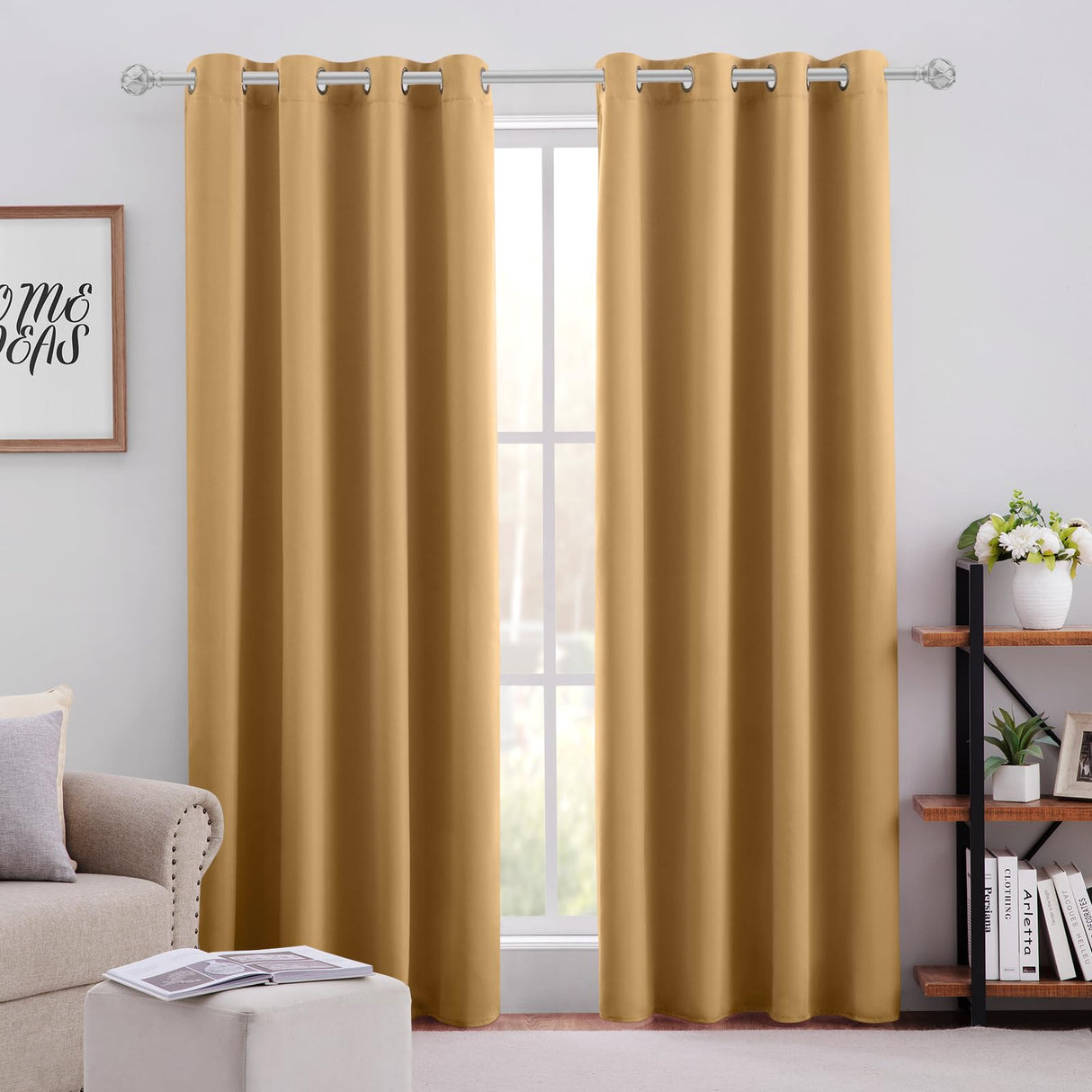 HOMEIDEAS Gold Blackout Curtains for Bedroom 52 X 84 Inch Length 2 Panels Set Room Darkening Bedroom Curtains, Soundproof Thermal Grommet Window Curtains for Living Room for Christmas