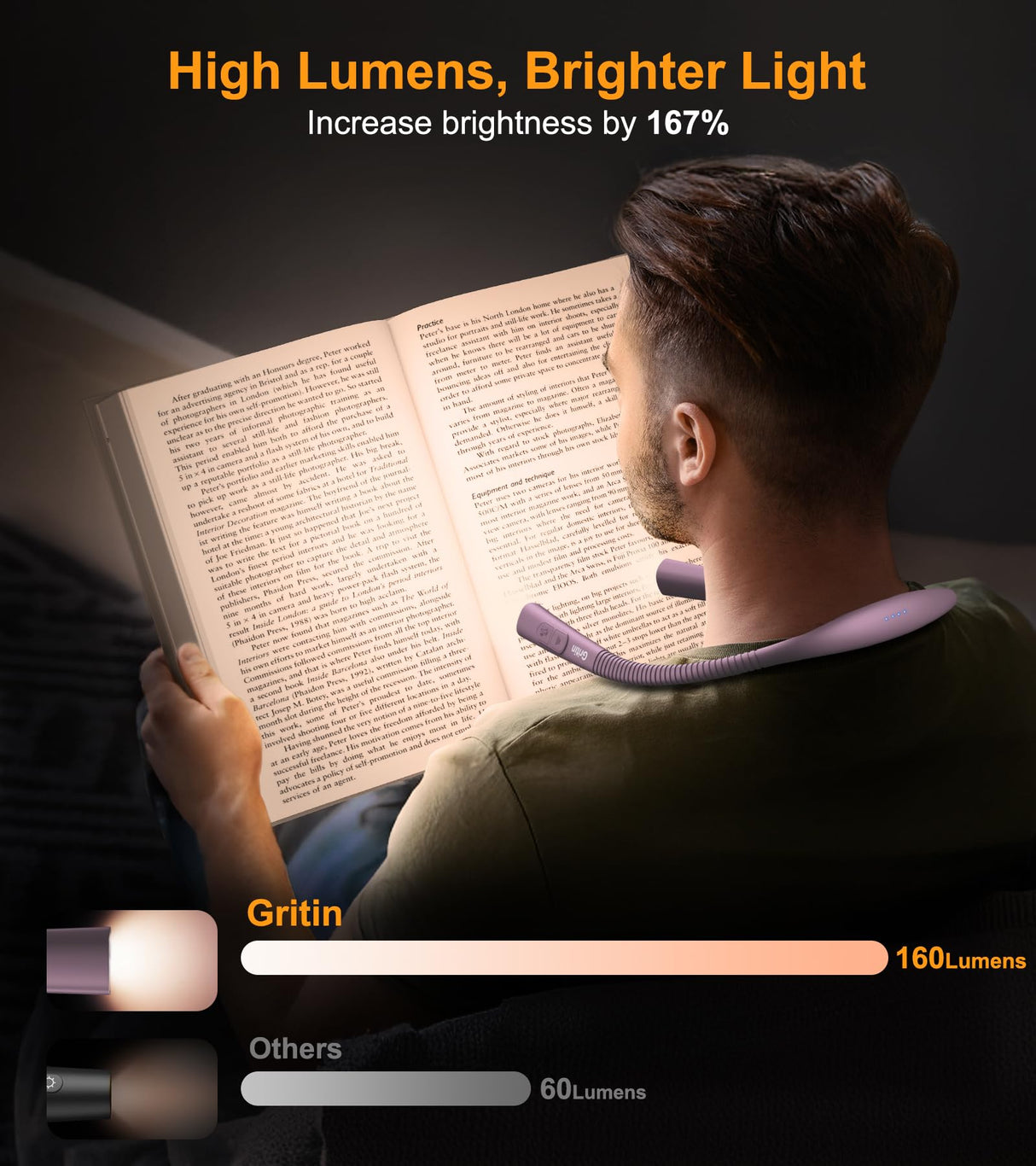 Gritin Book Light, Eye Caring 4-Color & 5-Brightness Neck Light Reading Light- Stepless Dimming,30-min Timer,80+ Hrs Runtime,Bendable Round Neck Design, Lightweight for Reading-Midnight Purple