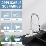 DJS Kitchen Faucets with Pull Down Sprayer Brushed Nickel -Single Handle 1 or 3 Holes Spring Kitchen Sink Faucet with Deck Plate for Farmhouse RV Vessel Basin