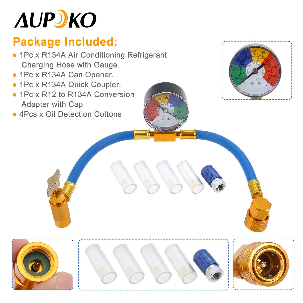 Aupoko R134A AC Refrigerant Recharge Hose Kit, Auto Air Conditioning Kit, R12 to R134A Low Pressure Retrofit Valve with Dust Cap, Oil Detection Cottons for AC Air Conditioning Refrigerant System