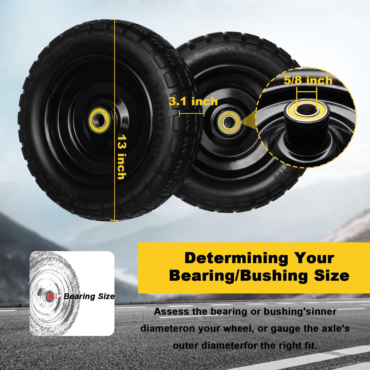 13 Inch Solid Rubber Tires, 4.00-6 Tire Flat Free with 5/8" Bearings, 2.17" Offset Hub for GOR Garden Cart, Wheelbarrow, Trolleys, Hand Trucks and Yard Trailers(4 Pack)