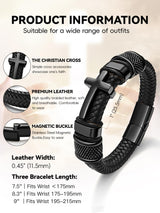 Oaldilee Black Cross Cuff Bracelet for Men, Stainless Steel Braided Leather Bible Verse Jesus Bracelet, Inspirational Faith Gift for Dad Brother Son Religious Baptism Confirmation Gifts, 9 Inches