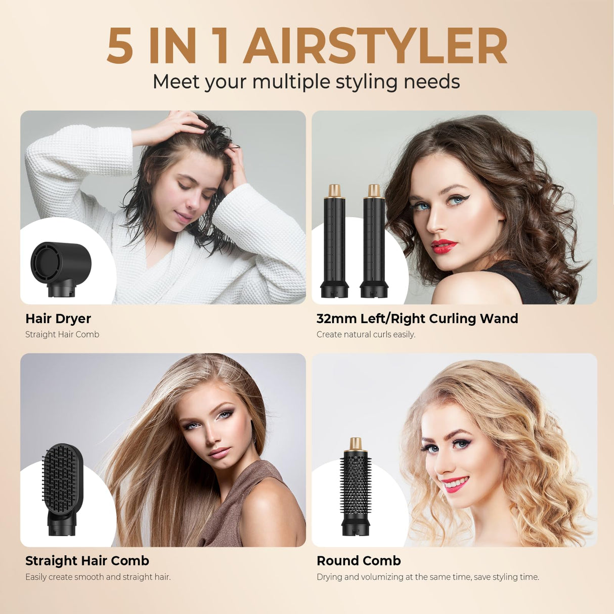 Blow Dryer Brush 5 in 1, Negative Ion Hair Dryer Brush Set Air Styler Curling Wrap Air Curler, Upgrade Hot Air Brush Curling Iron Hair Styling Tools As A Gift for Straight/Curl/Drying/Smoothing