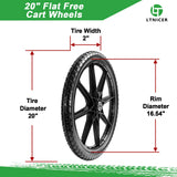 LTNICER (2-Pack) 20" Flat Free Cart Wheels, 20x2 Solid Rubber Wheels for Rubbermaid Garden Carts, 3/4" & 5/8" Bearing, 2.5" Hub Length, Black