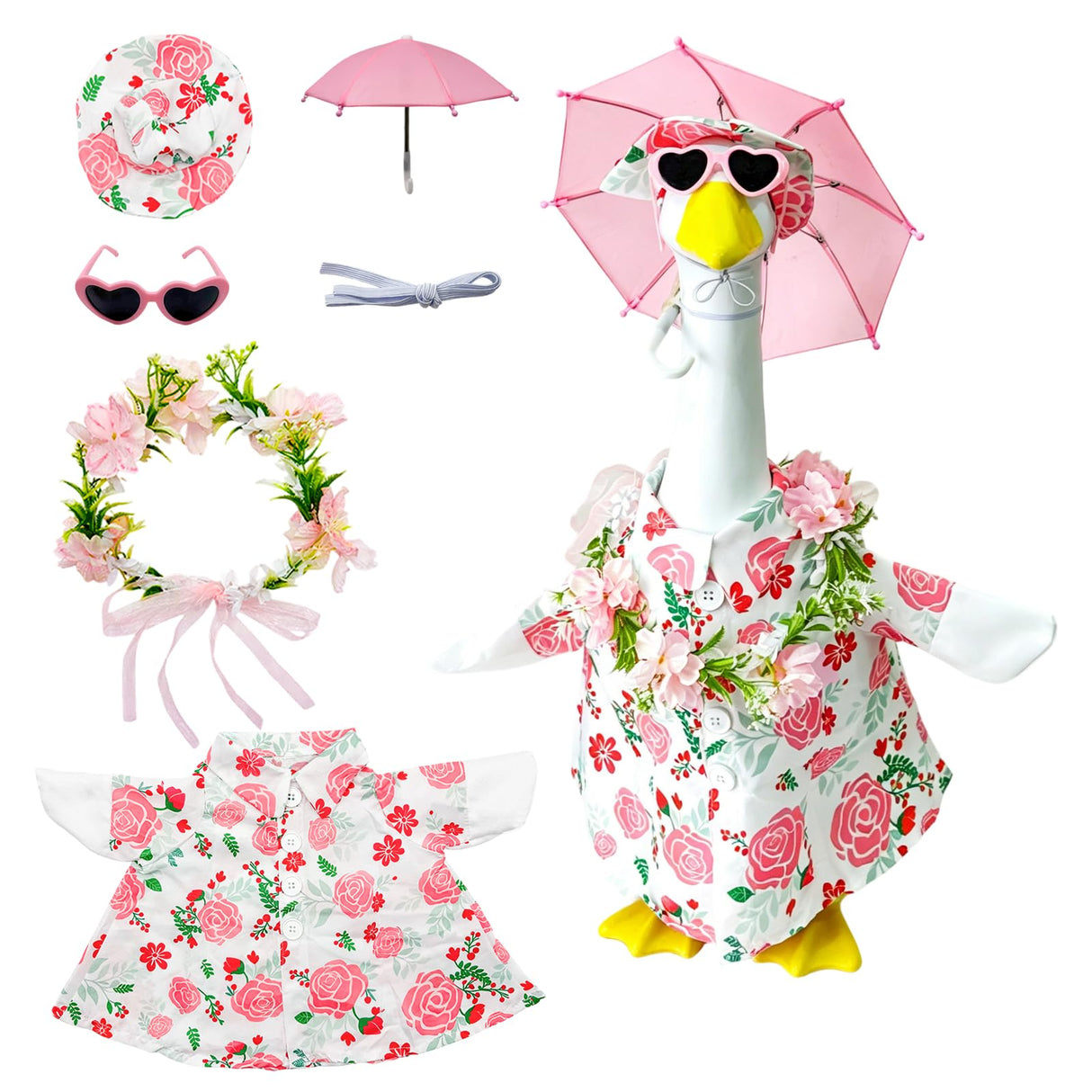 Summer 23" Pink Floral Porch Goose Set w/ Hat, Umbrella & Heart Sunglasses