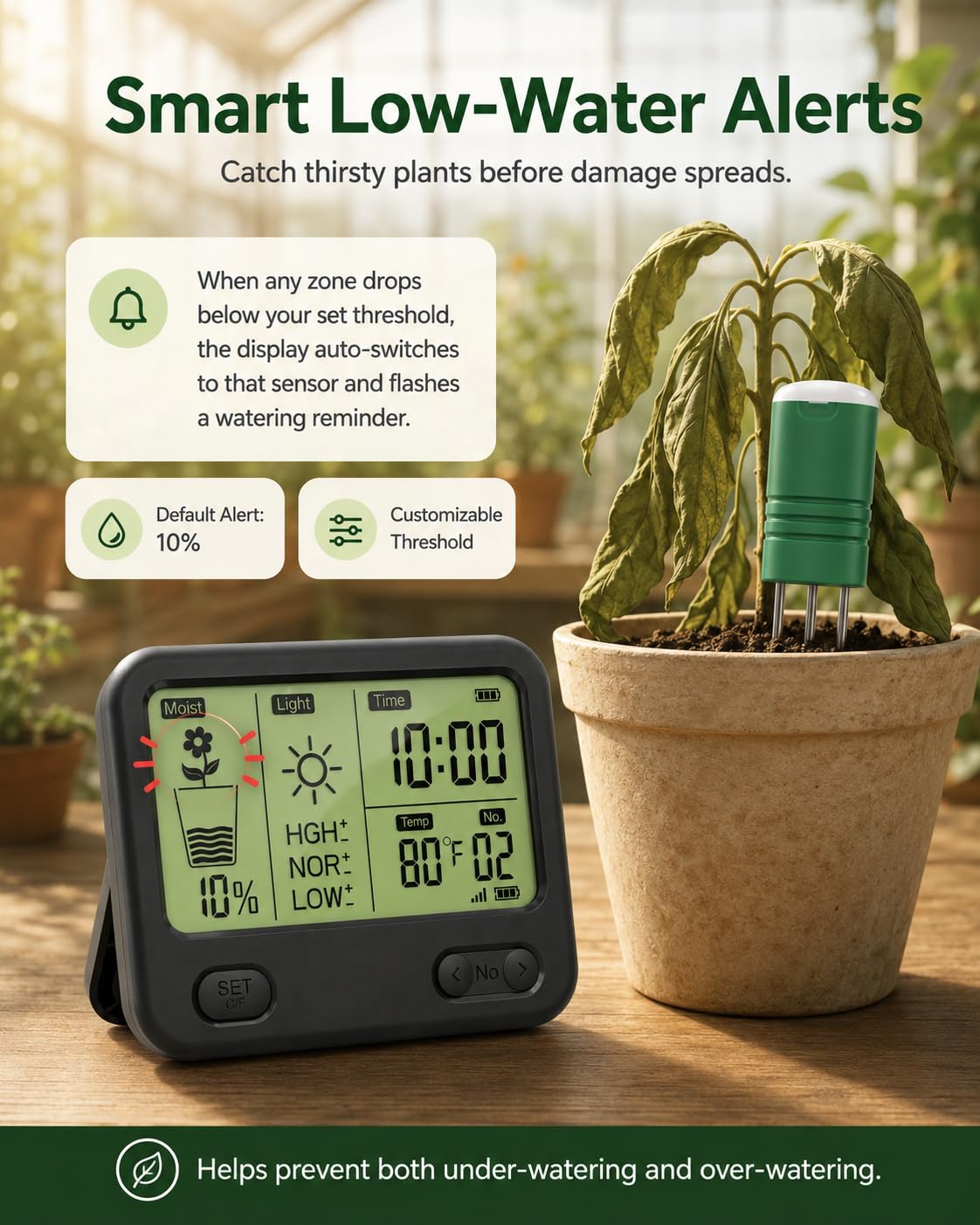 VODESON Soil Moisture Meter for Plants, 12-Zone Wireless Plant Water Meter, Soil Thermometer and Light Sensor, 4-in-1 TDR Tester, 230ft Range, IPX5 Waterproof for Indoor Outdoor Garde(Display+2Sensor)
