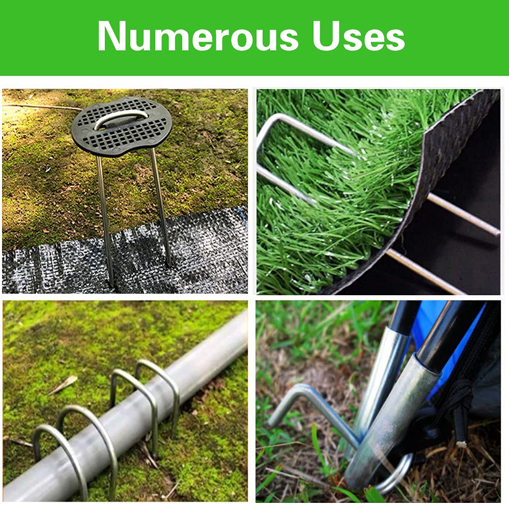 100Pcs Garden Stakes Staples + 100Pcs Gasket, Bakulyor 6 Inch Lawn Landscape Staples 11 Gauge U Shaped Galvanized Landscape Pins, Heavy Duty Yard Ground Pin for Weed Barrier Sod Fabric Decorations