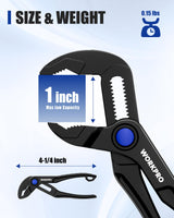 WORKPRO Mini Water Pump Pliers, 4-Inch Groove Joint Pliers, Fast Adjustable Tongue and Groove Pliers with 15-Position Push-Lock, V-Jaw for Multi-Surface Grip, Ideal for Tight Spaces and Versatile Use