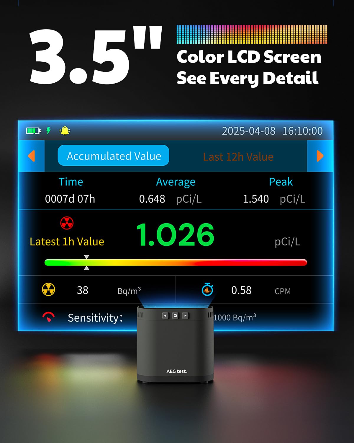AEGTEST HOUND-3786 Radon Detector for Home, 10-Min Update, 3.5" Large Display, Long-Term Radon Monitoring with Data Charts, PDF Export, Audible & Visual Alarm, pCi/L & Bq/m³ -Black