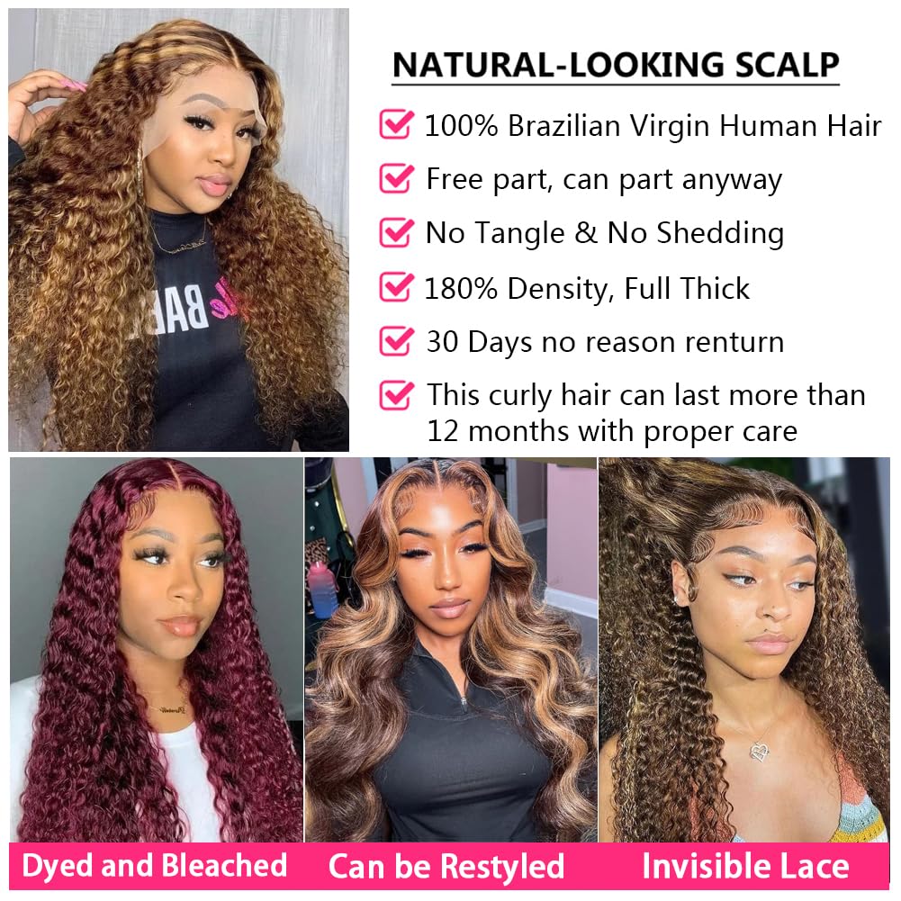bangjazz 26 Inch Highlight Ombre Lace Front Wig Human Hair Deep Wave 13x4 HD Lace Frontal Wigs Human Hair 180% Density P4/27 Colored Curly Wigs for Women Human Hair Glueless Pre Plucked Wig