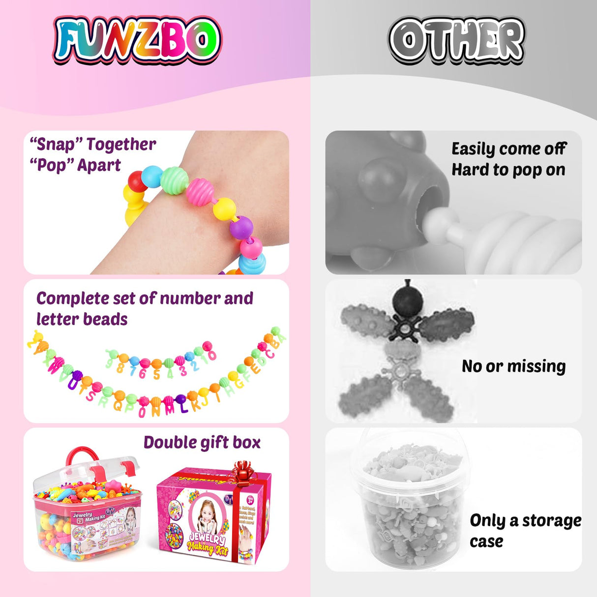 FUNZBO 650pcs Pop Beads - Jewelry Making Kit for 3 4 5 6 7 8 Year Old Little Girls, Arts and Crafts Toys for Kids, Necklace Bracelet Creativity Snap Set Top Best Christmas Birthday Gifts