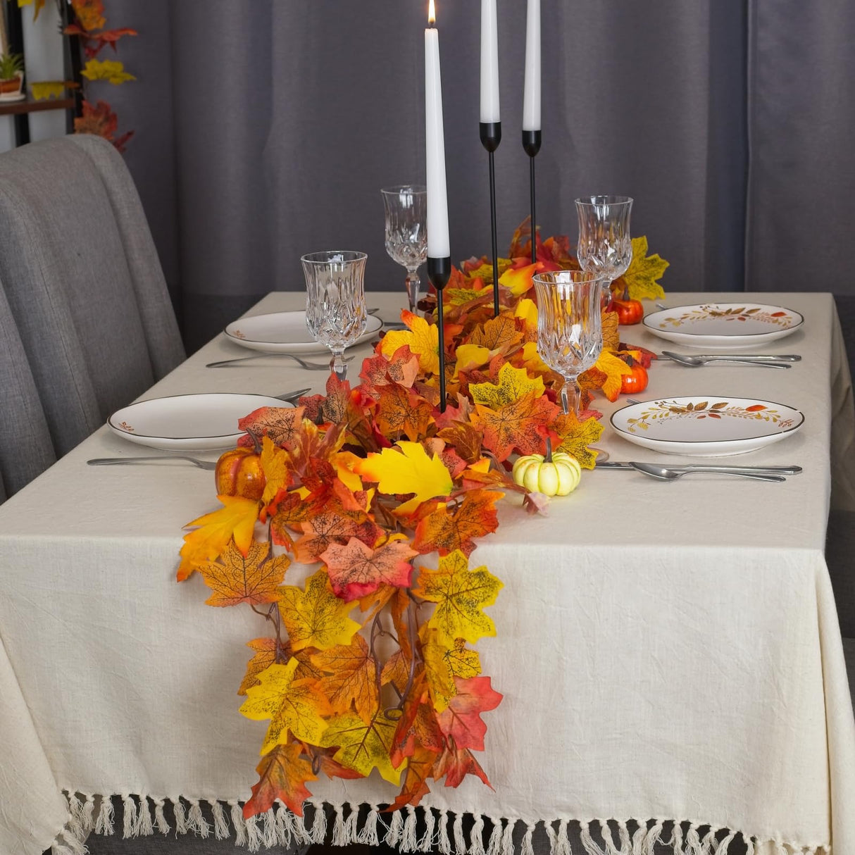 CQURE 16 Pack Fall Leaf Garland, 5.9Ft Autumn Garland Artificial Maple Leaf Garland Fall Leaves Hanging Vines Fall Maple Leaves Thanksgiving Decor for Home Christmas Fireplace Party