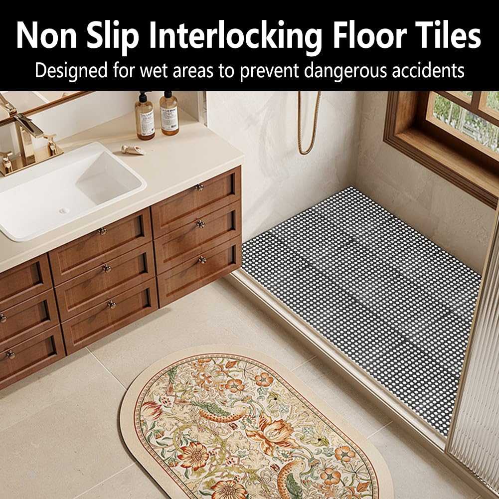 Interlocking Floor Tiles 12x12 Inch, 12 Pack Soft PVC Non-Slip Drainage Tiles with Holes for Bathroom, Pool Deck, Gym, Garage, Kitchen & Wet Areas, Easy Splicing Anti-Fatigue Mat (12)