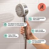 Canopy Handheld Filtered Shower Head & Scalp Massager - High Pressure Shower Head Filter for Hard Water - Shower Filter To Remove Impurities for Healthier Scalp, Skin & Hair - Hair Growth - Nickel
