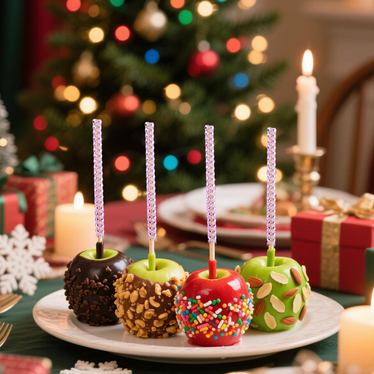 ASTARON 24 Pack Glitter Bling Candy Apple Sticks and Bags, Cake Pop Sticks Kit Including Caramel Apple Sticks with Ribbon and Chocolate Apple Packaging Bags for Party Supplies (Pink)