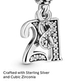 PANDORA 21st Celebration Dangle Charm - Compatible Moments - Sterling Silver with Clear Cubic Zirconia - Gift for Her - Jewelry for Women with Gift Box