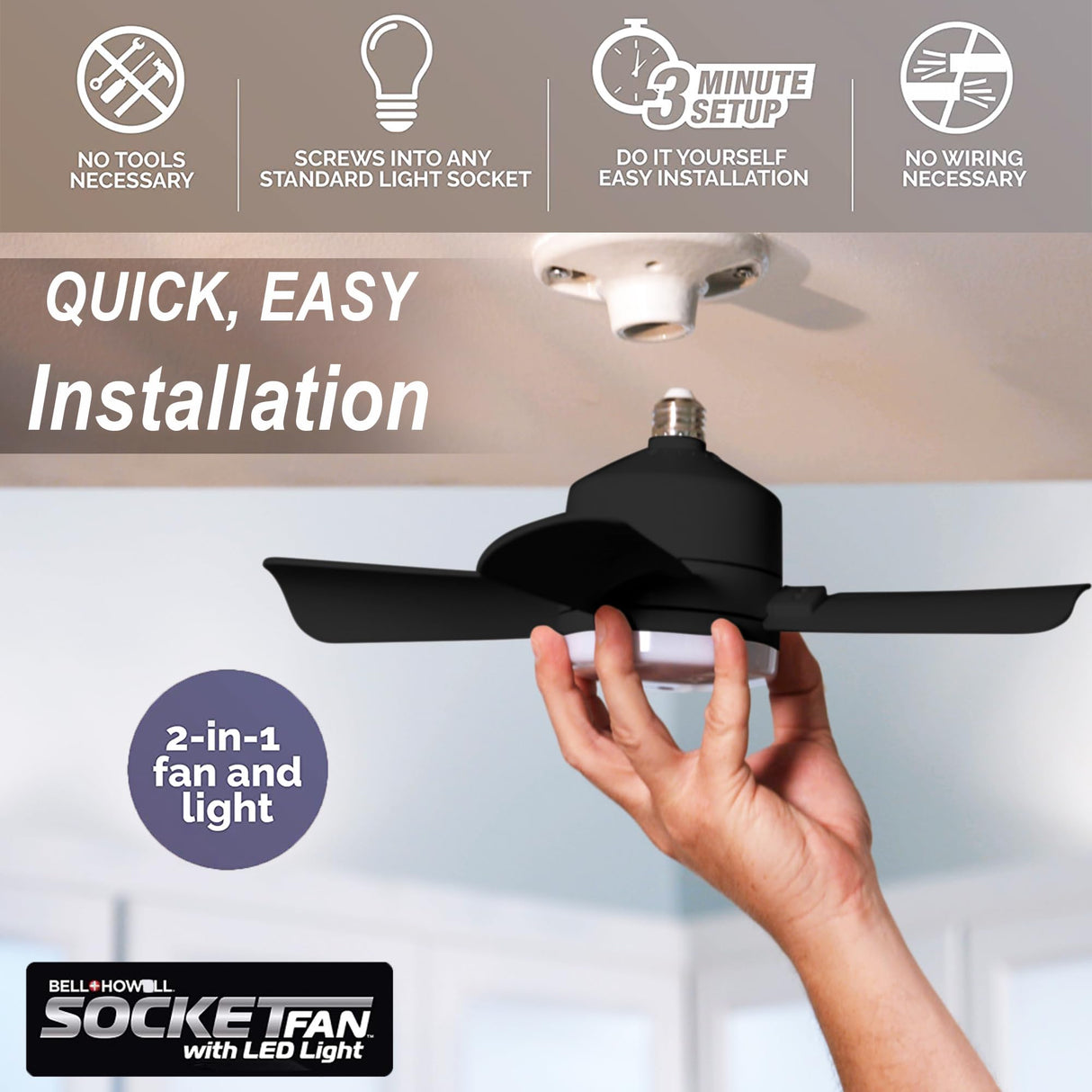 Bell+Howell Socket Breeze Deluxe, Small Ceiling Fan with LED Light and Remote, Adjustable Speeds and Brightness, Light Socket Fan for Bedroom, Kitchen, Living Room, 1000 Lumens