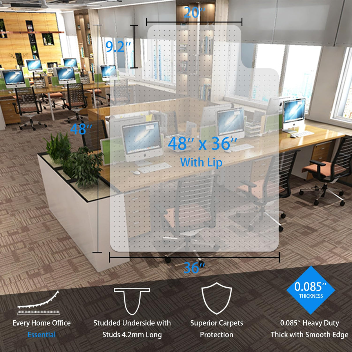 HOMEK Studded Carpet Chair Mat, 48” x 36” Heavy Duty Office Desk Chair Mat for Carpet