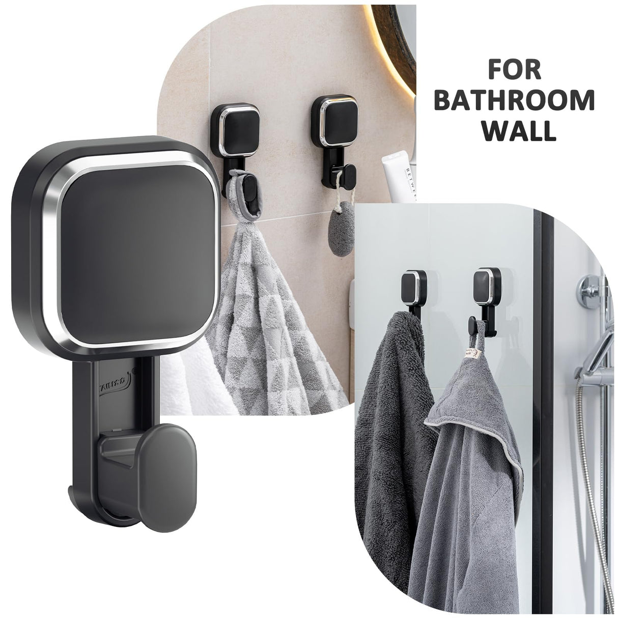 LEVERLOC 4 Pack Suction Cup Hooks for Inside Shower, Powerful Vacuum Suction Shower Holder for Towel, Loofah, Clothes, Damage Free Hanging Bathroom Wall Hooks, Easy to Install and Remove, Black