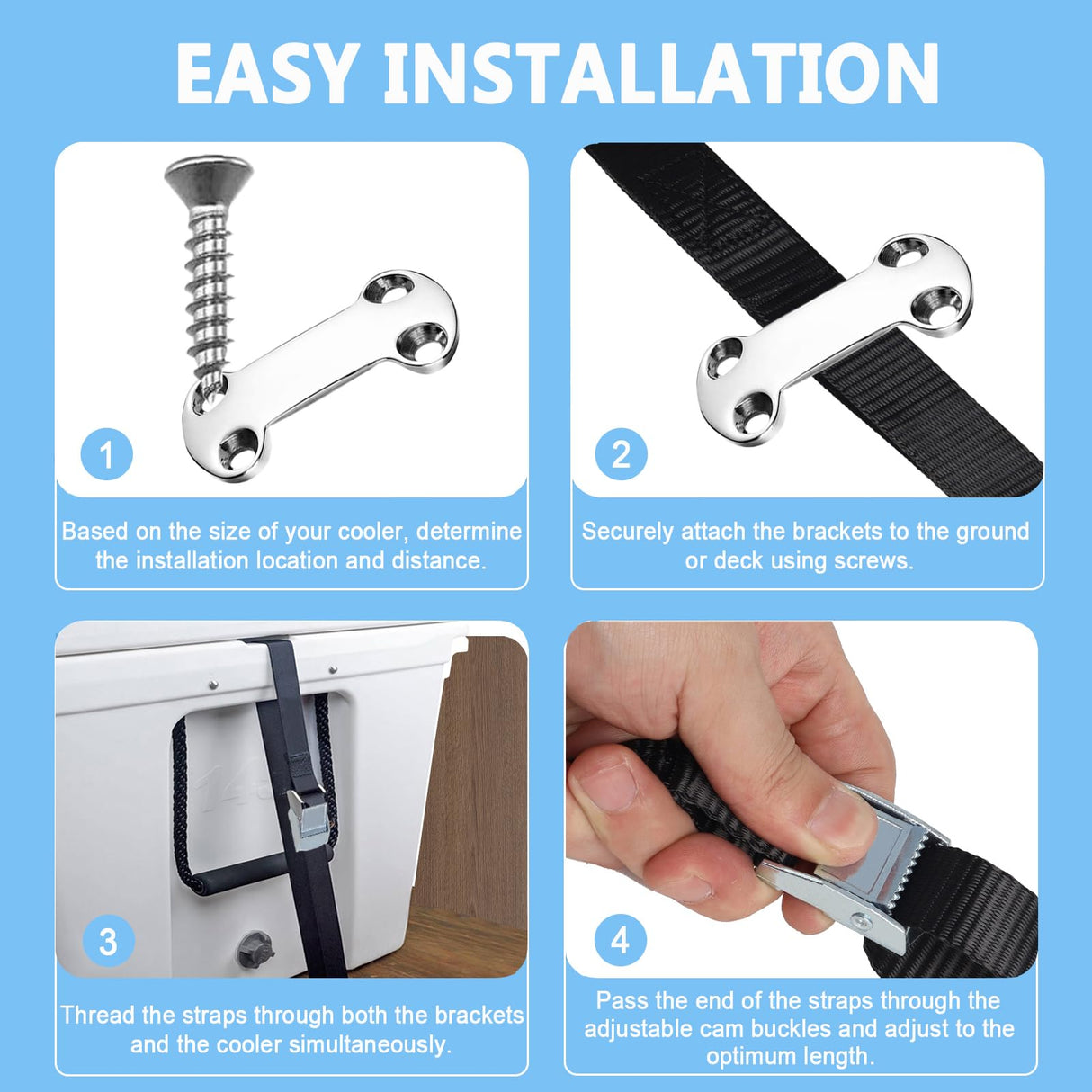 Cooler Tie Down Kit for YETI RTIC Coolers, Universal Cooler Straps with Stainless Steel Deck Plates & Screws, Adjustable Cam Buckle Lashing Straps for Boat, Truck Bed, Trailer, Prevent Sliding