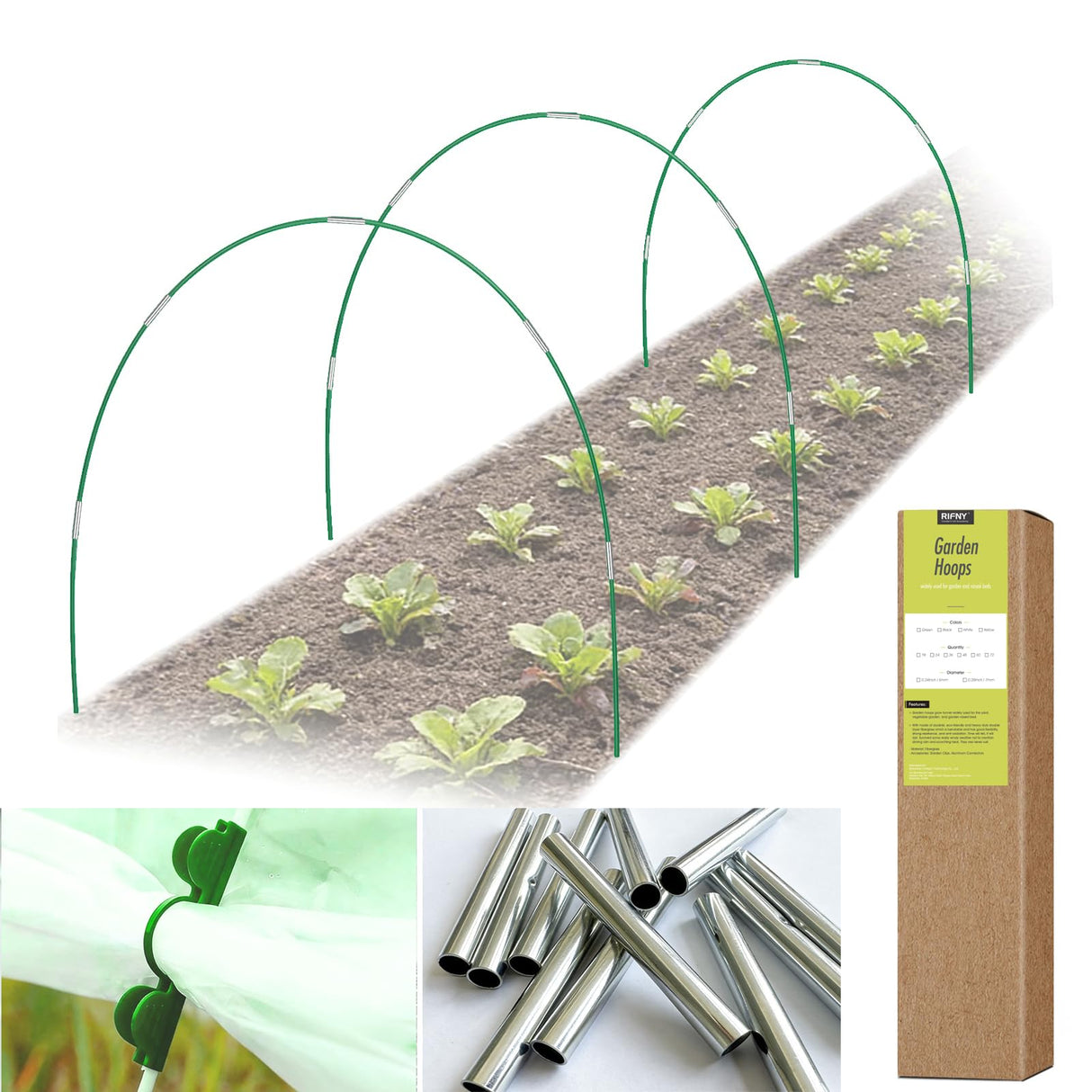 RIFNY 18 PCS Garden Hoops for Raised Beds, Greenhouse Hoops Kit Long Grow Tunnel for Row Cover, Rust-Free Fiberglass Garden Support Poles for Insect Mesh Netting Freeze Plant Cover (Green)