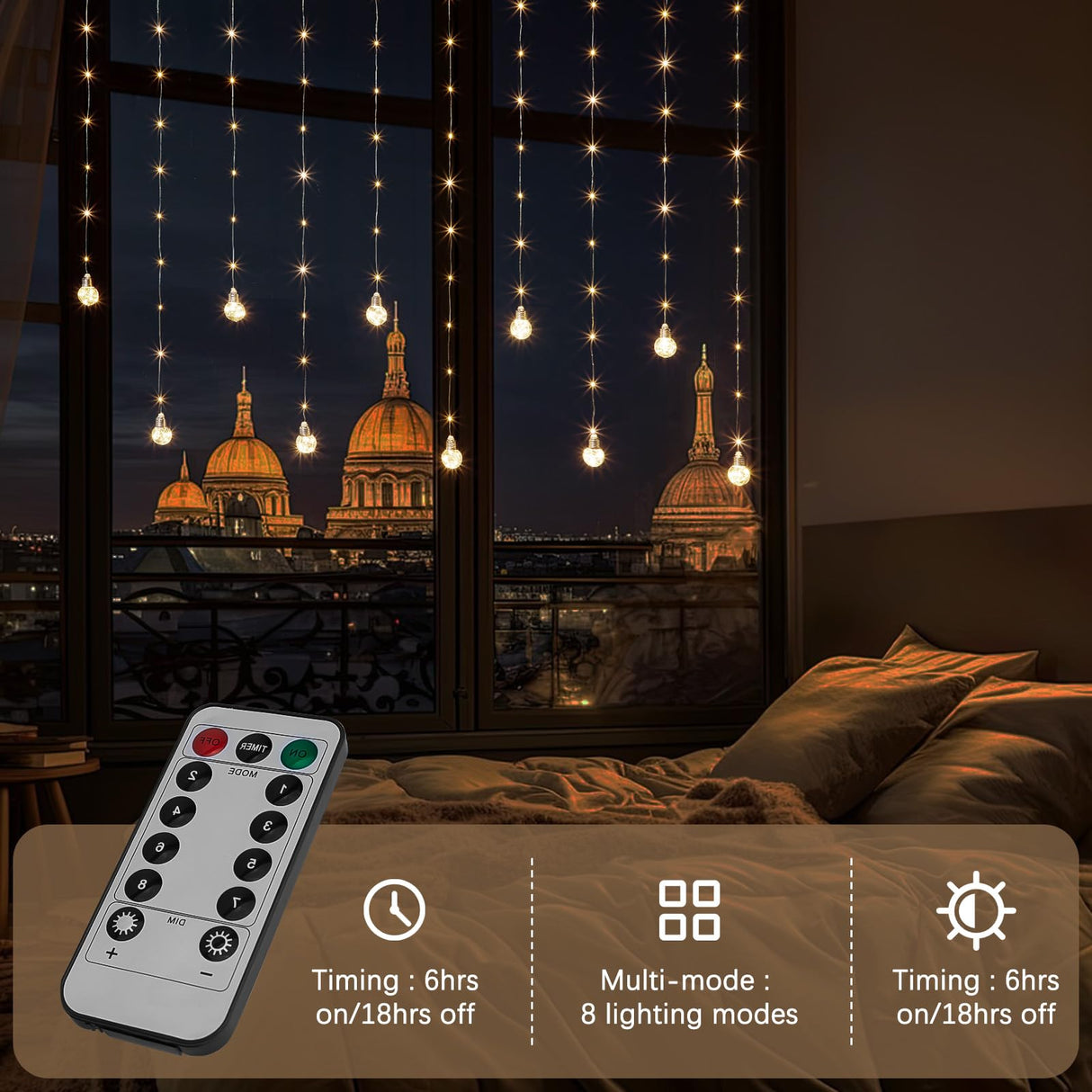 Minetom 200 LED Curtain Fairy Lights - 9.8 FT Wishing Ball Window Hanging Lights with Remote, USB Powered Waterproof for Christmas Wedding Bedroom Decoration, Warm White