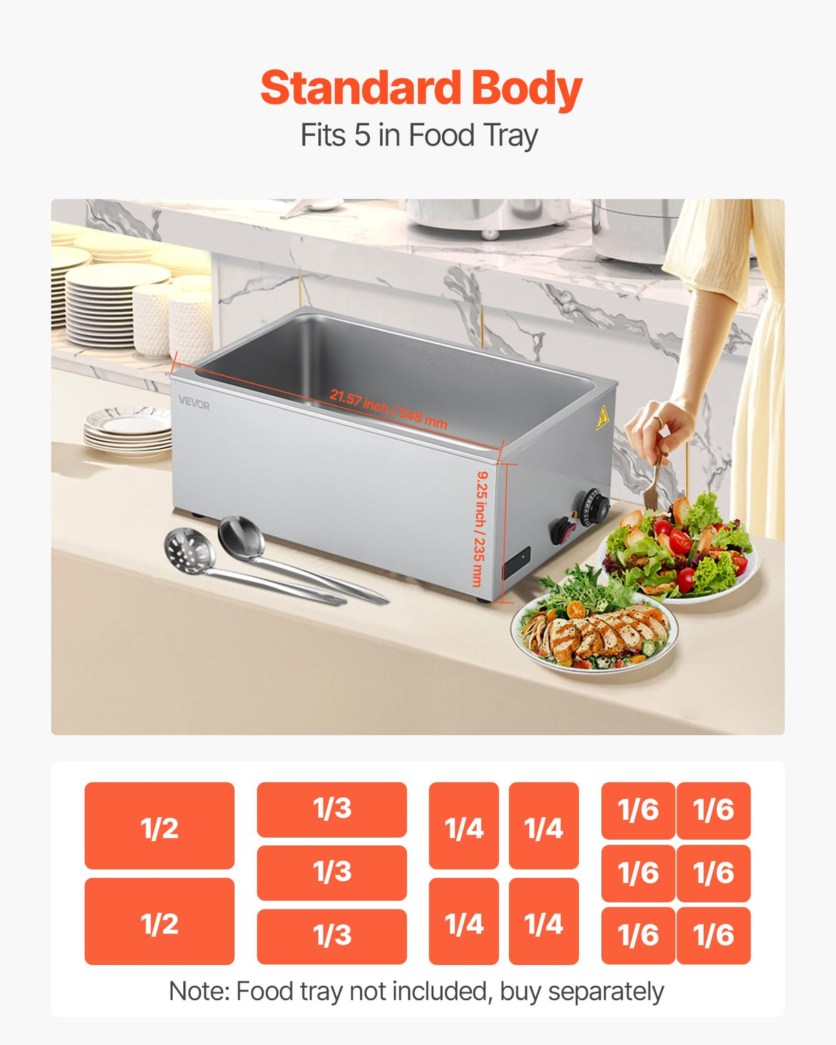 VEVOR Commercial Food Warmer, 1200W Electric Stainless Steel Steam Food Warmer, Fast Heating Countertop Buffet Bain Marie with Soup & Perforated Ladles, for Catering, Restaurants, Parties, Buffets
