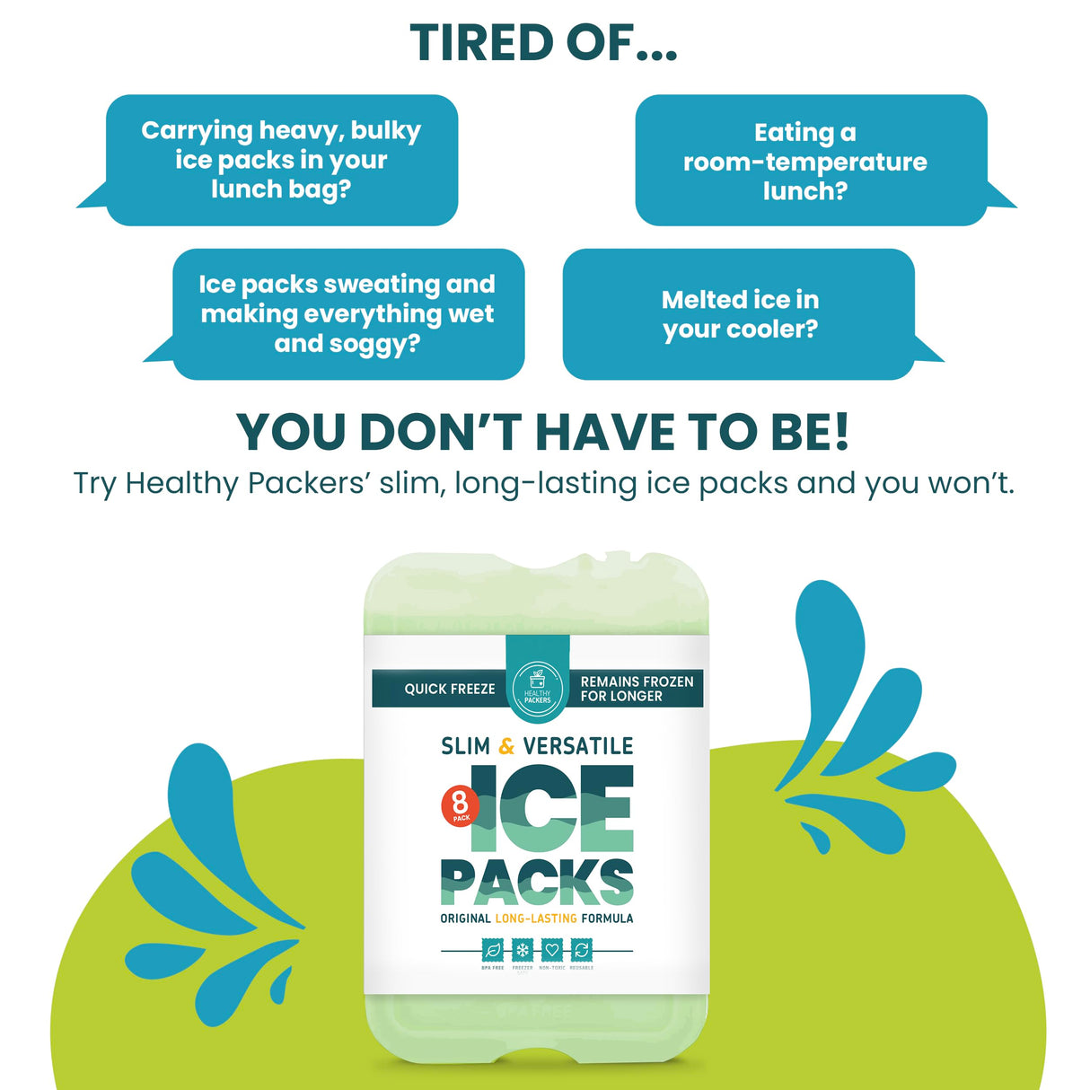Healthy Packers Cool Pack, Slim Long-Lasting Ice Packs - Green Gel Ice Pack Great for Coolers or Lunch Box (8-Pack)