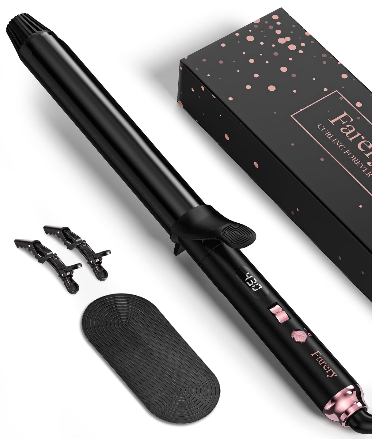 FARERY Long Barrel Curling Iron 1 1/4 inch, 1.25 Inch Curling Iron for Long Hair, Infused Argan Oil & Keratin, Lasting Styling, 11 Adjustable Temp, Include Clips & Silicone Pad