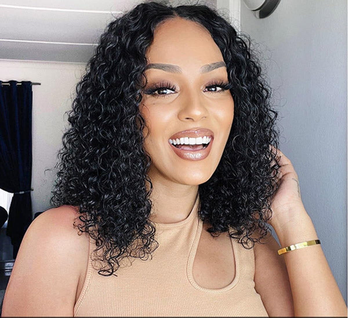 ISEE Wear and Go Glueless Wigs Bob Wigs Pre Plucked Water Wave Lace Front Wigs Upgraded No Glue Transparent Lace Closure Wigs for Black Women Natural Black 16 Inch