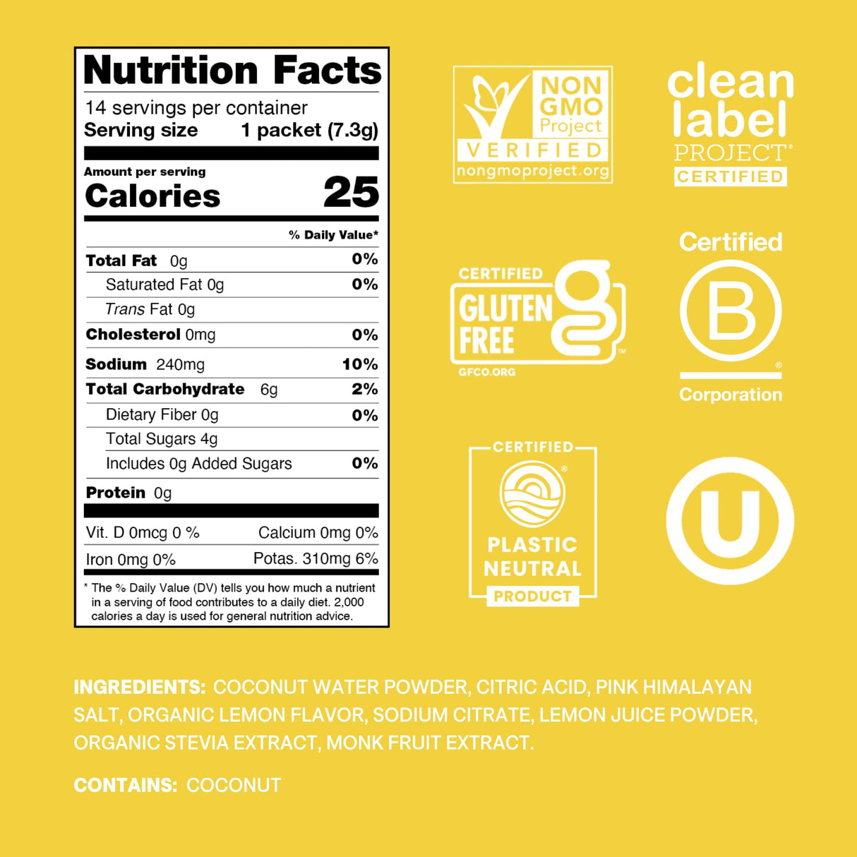 Cure Hydration | Plant-Based Electrolyte Drink Mix | No Added Sugar | FSA & HSA | Dehydration Relief Powder Made with Coconut Water | Non-GMO | Vegan | Pouch of 14 Packets - Lemonade