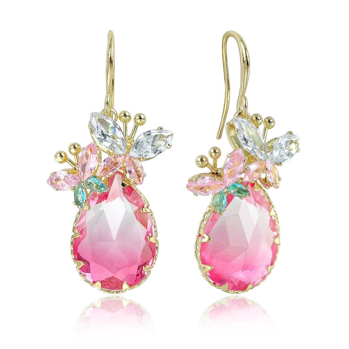 JA.S.JR Pink Crystal Teardrop Earrings CZ Butterfly Earrings Gold Dangle Earrings Jewelry Gift for Women
