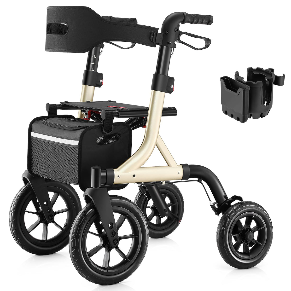 MAXWALK Walkers for Seniors, Rollator Walker with Seat, 12" Big Rubber Wheels All Terrain Rollator Walker with Backrest, Built-in Cable, Cup Holder, Foldable and Height Adjustment for Seniors, Gold