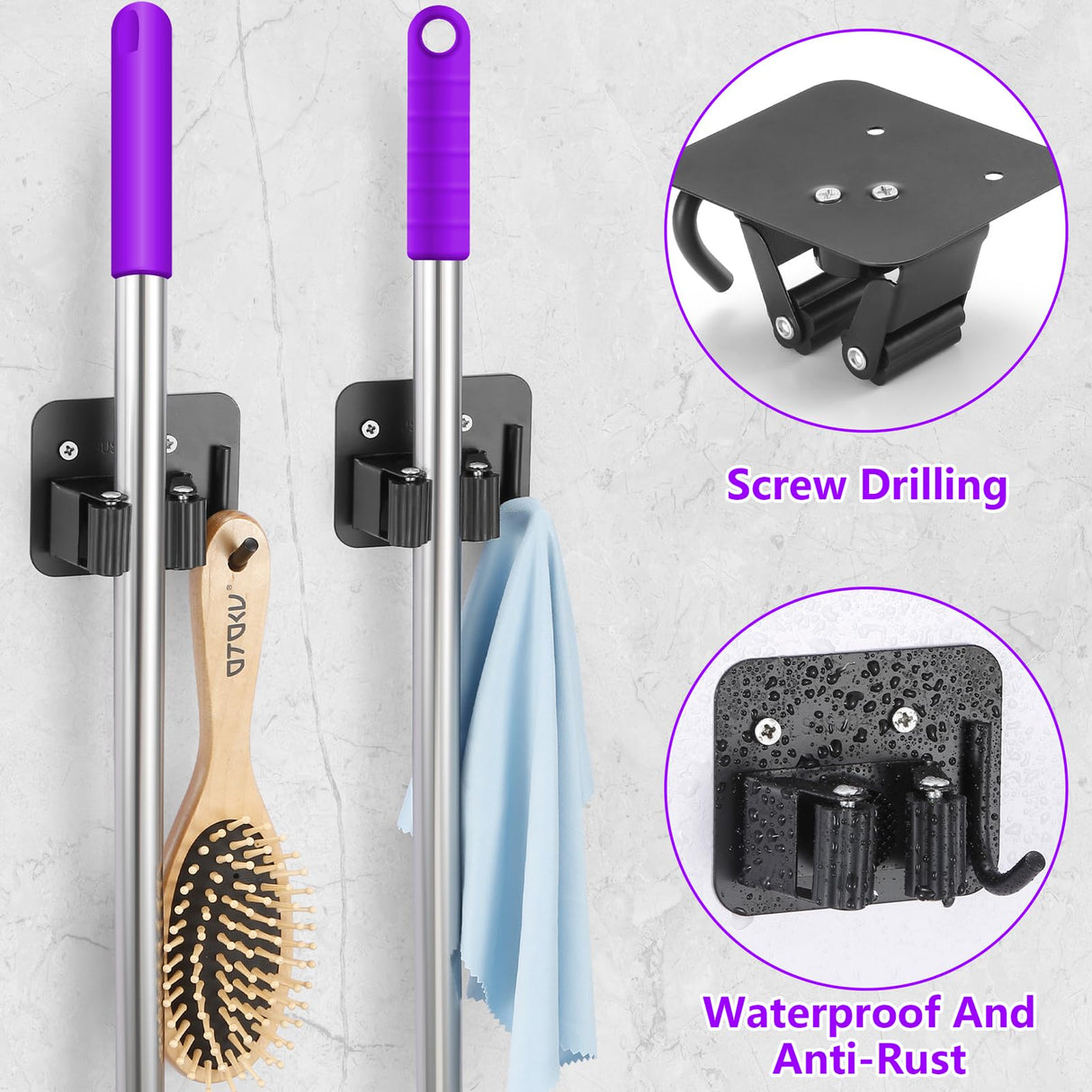 YUWANTING Stainless Steel Broom Holder, Heavy Duty, Rust Resistant, 4 Gripper Positions with 4 Hooks, Black