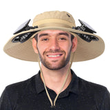 Solar Fan Hat for Men & Women, Wide Edge Outdoor Sun Hat with 2 Built-in Fans, UPF 50+ Waterproof Outdoor Hiking Camping Fishing Hat, 3 Speed Adjustable Fan Hat (Khaki)