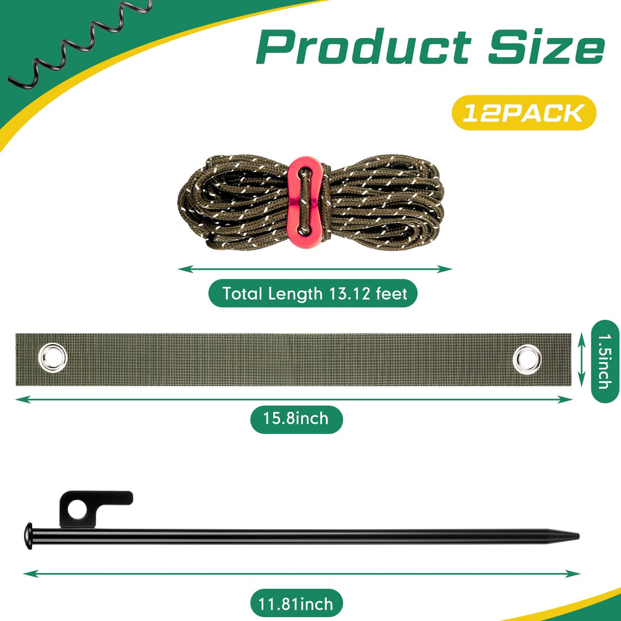 Sintuff 36 Pcs Heavy Duty Tree Stake Kits Stake and Support for Young Leaning Tree Anchor Straightening Kit, 15.8'' Support Straps, 11.8'' Steel Stakes, 13.12ft Rope Against Bad Weather(Army Green)