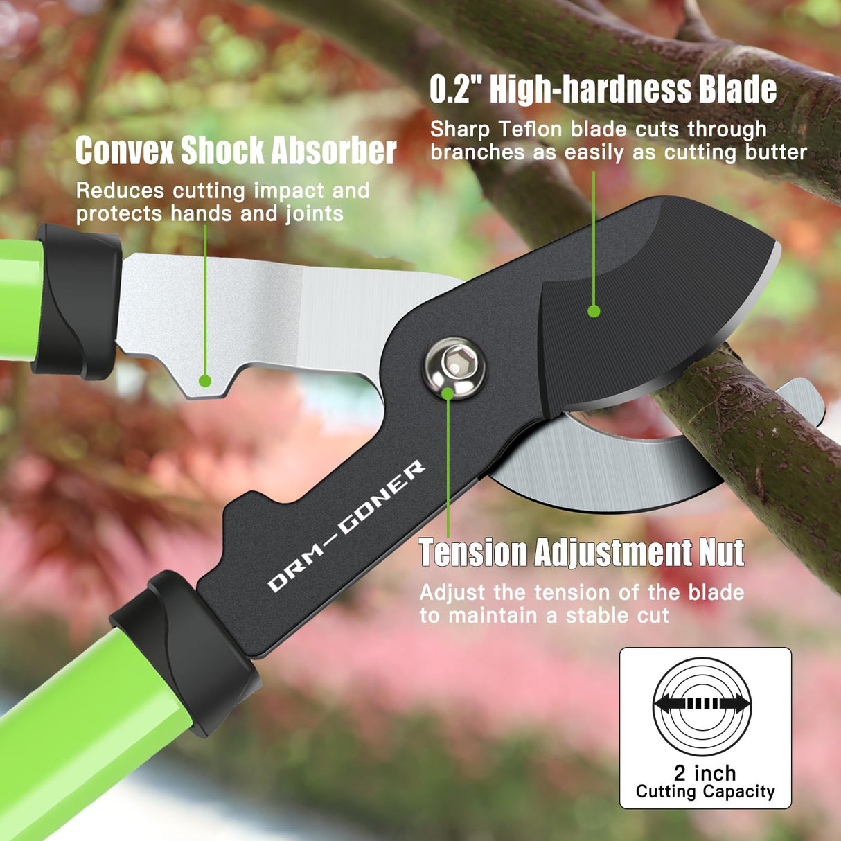 DRM-GDNER 23" SK5 Dual-Blade Loppers Cuts 2" Dry/Wet Branches - Triangular Steel Tube & SecureLock, Heavy Duty Tree Trimmers Green/Black