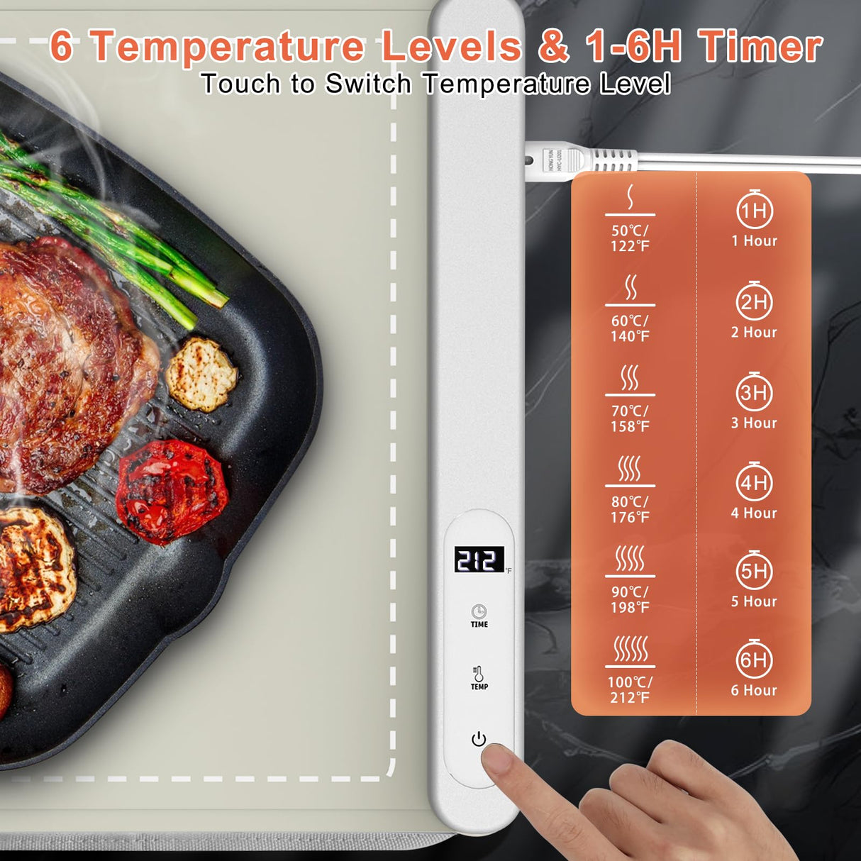FYY Warming Mat for Food with Heat Resistant Pad, Prevent Countertop Cracks, Keep Meal Warm, Rapid and Full Surface Heating, 6 Temp Settings 6H Timer, Upgraded Rollable Portable Food Warmer Mat Khaki