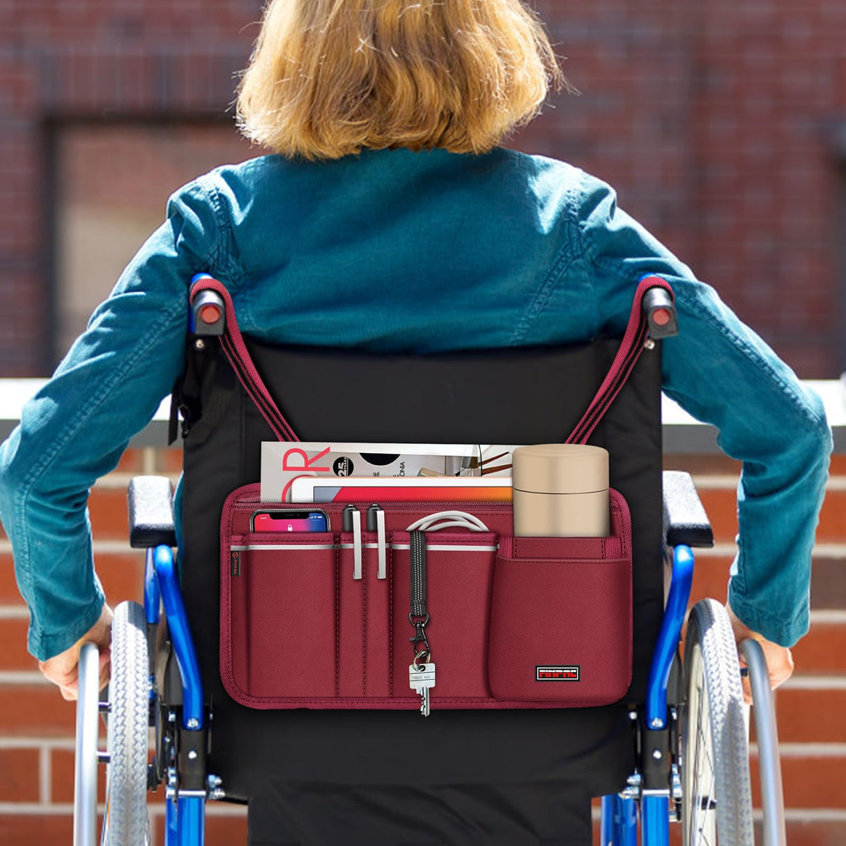 FINPAC Wheelchair Side Storage Bag w/Cup Holder, Wheelchair Armrest Accessories Pouch with Pen Slot and Reflective Strips for Power Walkers, Rollators, Seniors - Burgundy