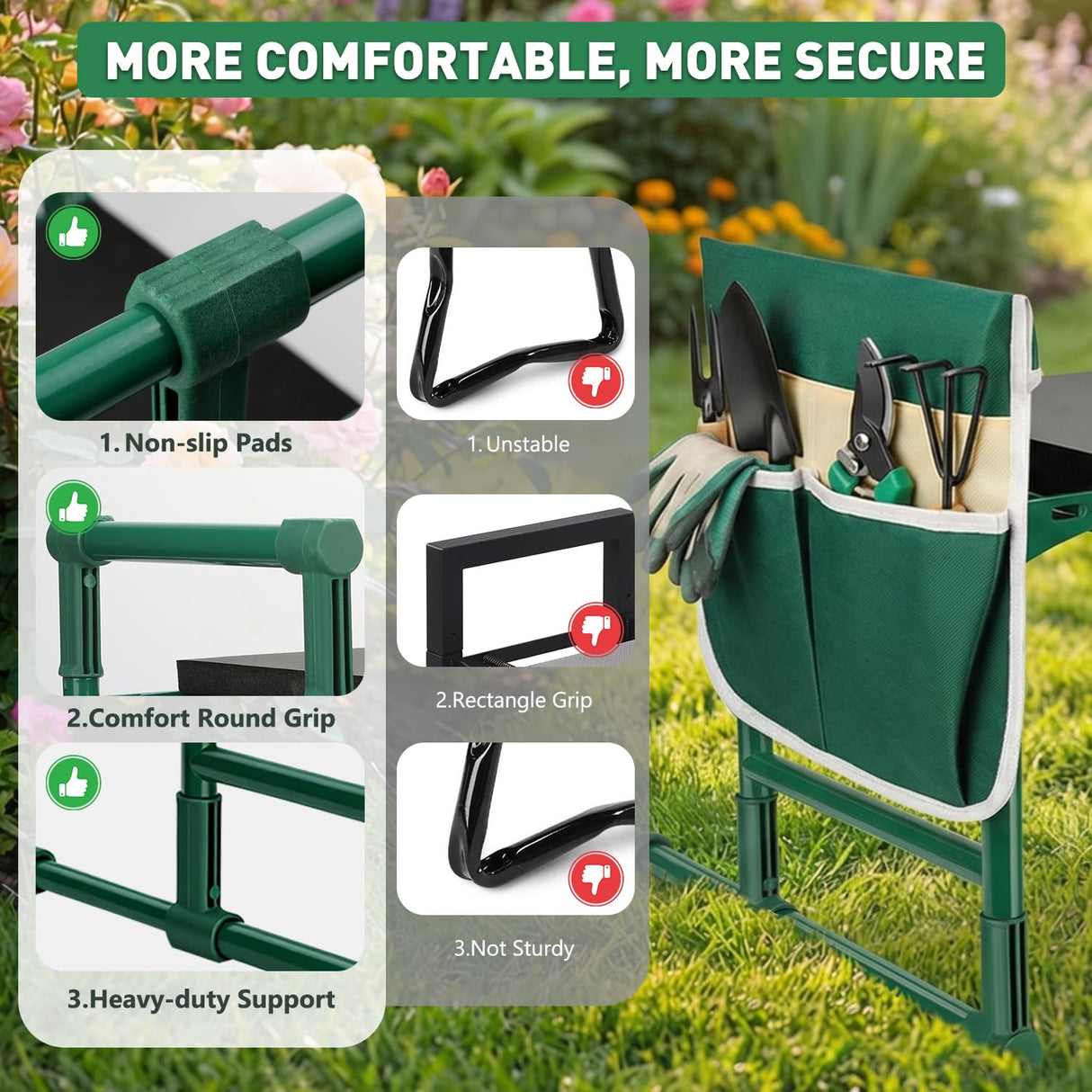 Garden Kneeler and Seat for Seniors – Heavy Duty Anti-Tip Gardening Stool with Widened Thick Soft Kneeling Pad, Foldable Garden Bench with Sturdy Handles, Gardening Gifts for Women Men Mom (Green)