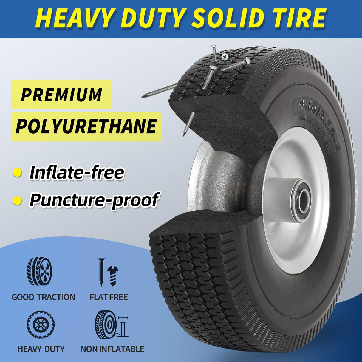 GICOOL 4.10/3.50-4" Flat Free Tire and Wheel, 10" Solid Tire with 5/8" Axle Bore Hole, 2.2" Offset Hub for Hand Truck Garden Wagon Cart Trolley Dolly Lawn Mover Replacement