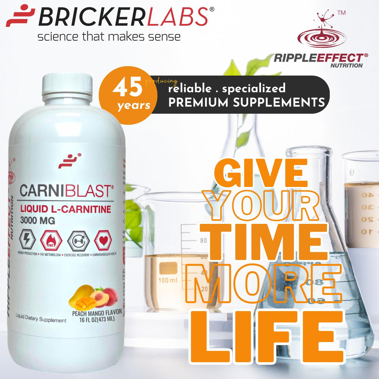 Bricker Labs CARNIBLAST Liquid L-Carnitine 3000mg, Premium L Carnitine Carnipure, Sports Nutrition, Energy Supplement and Energy Booster, Peach Mango 16 fl oz